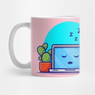 Sleeping Laptop With Cactus And Coffee Cartoon Vector Icon Illustration Mug